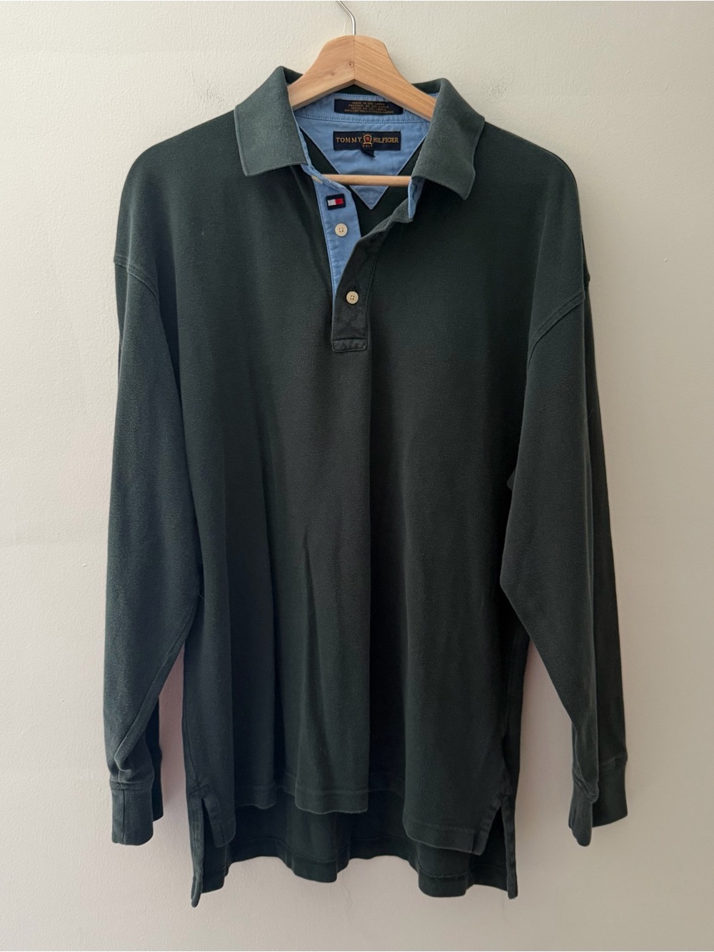Tommy Hilfiger Vintage Polo Long Sleeve Forest Green Logo Size Large Pique Knit